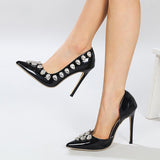 Liyke Black Patent Leather High Heels Mules Crystal Diamond Women Pumps Pointed Toe Party Prom Shoes Mart Lion   