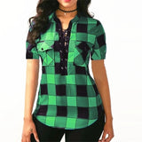 Women Style  Turn-Down Collar Short Sleeve Tops For Summer MartLion green M 