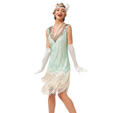 Vintage Dress Beaded Sequin 30S Flapper Dresses Prom Wedding Women Vintage V Neck Beaded Fringed Tassels MartLion Light Green XXXL 
