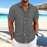 Cross-border men's linen striped jacquard casual loose short-sleeved shirt MartLion Dark grey S 