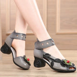 Genuine Leather Retro Style Chunky Heel Sandals Flower Open Toe Handmade Women High-Heeled Shoes MartLion   