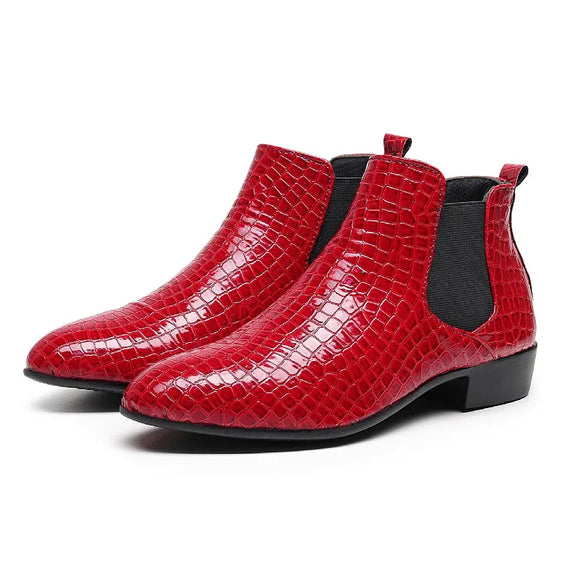  Classic Red High Top Men's Dress Shoes Pointed Toe Crocodile Leather Chelsea Boots MartLion - Mart Lion
