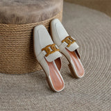 Spring Summer Women Shoes Square Toe Pumps Solid Cow Leather Low Heel Mules Metal Button Slipper Mules MartLion   