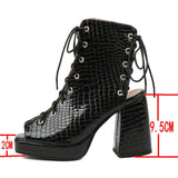 Women Shoes High Heels Open Toe Gladiator Sandals Serpentine PU Leather Comfort Square Thick Sole Platform Mart Lion   