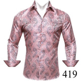 Barry Wang Exquisite Blue Silk Paisley Men's Shirt Four Seasons Lapel Long Sleeve Embroidered Leisure Fit Party Wedding MartLion   