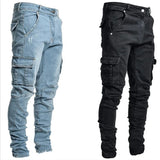 Jeans Men Pants Wash Solid Color Multi Pockets Denim Mid Waist Cargo Jeans MartLion   