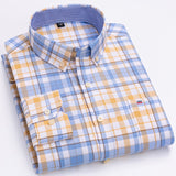 Men's 100% Cotton Plaid Checkered Long Sleeve Oxford Shirt Front Patch Chest Pocket Button-down Striped Versatile Casual Mart Lion L504 42 
