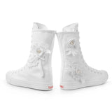 Casual Canvas Shoes Inner Zipper Flower Decorative Rubber Mid Barrel Elevated Women's Shoes MartLion white increase 38 