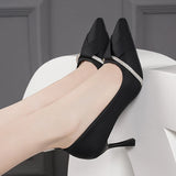 Crystal Stiletto Heels Pumps Women Black White Pu Leather High Heels Shoes Pointed Toe Party MartLion   