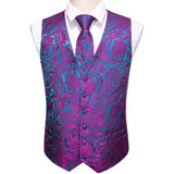 Rose Red Men's Wedding Suit Vest Blue Floral Jacquard Folral Silk Waistcoat Vests Handkerchief Tie Vest Suit Set Barry Wang Design Mart Lion   