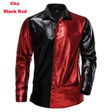 Men's Disco Shiny Gold Sequin Metallic Design Dress Shirt Long Sleeve Button Down Christmas Halloween Bday Party Stage Mart Lion C04 Black Red US Size S 