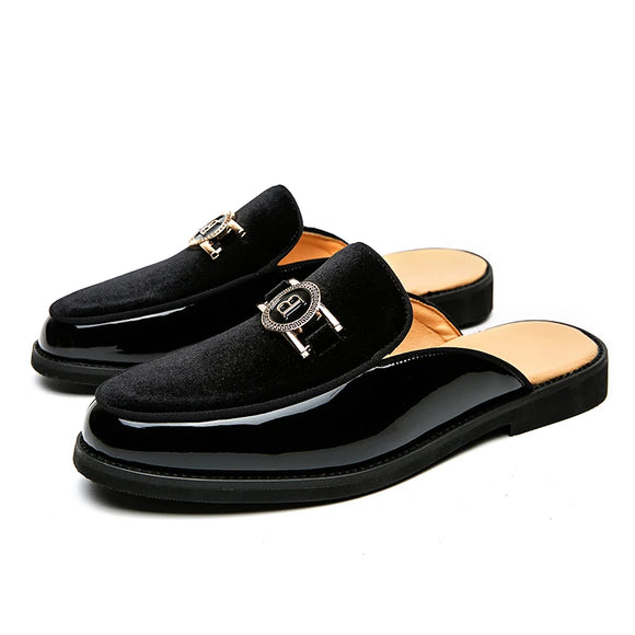 Men's Mules Leather Slipper Summer Walk Loafers Open Style Half Flat Shoes Casual Sandals Metal Lock Slides Moccasin