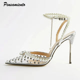 Luxury Rhinestones Pearls Transparent PVC Women Pumps Ankle Strap Bridal Thin High heels Summer Wedding Party Shoes MartLion   