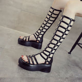 Women's Summer Boots Cutout High Top Sandals Breathable Striped Roman Shoes Platform Designer Mart Lion Black 34 