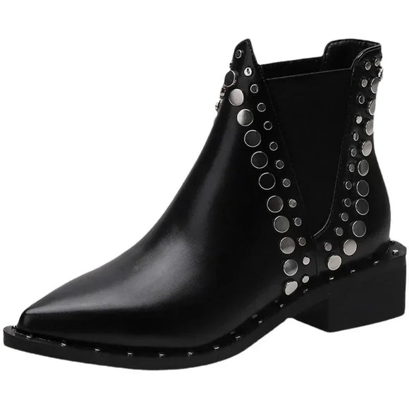 Women Shoes Leather Short Boots Pointed Chunky Heel Rivet Ankle Platform Heel