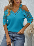 Shoulder Lace Short Sleeve Shirt Women V Neck Pullover Blouse MartLion SKY BLUE S 