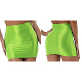 Women Casual Pencil Skirt Solid Color Waist Elastic Waistband Glossy Miniskirt MartLion Fluorescent Green XS 