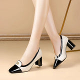 Women Cute Round Toe Green Pu Leather Spring Slip on Square Heel Shoes Lady Classic Black Office Party Pumps MartLion x 40 