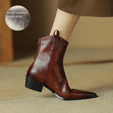 Women Boots Genuine Leather Western Shoes Pointed Toe Chunky Heel Chelsea Retro MartLion