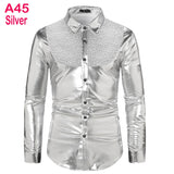 Men's Disco Shiny Gold Sequin Metallic Design Dress Shirt Long Sleeve Button Down Christmas Halloween Bday Party Stage Mart Lion A45 Silver US Size S 