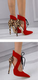 Liyke Cross-Tied Women Pumps Sandals Pointed Toe Wedding Stripper High Heels Leopard Print Stiletto Shoes Mules Mart Lion   