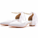 Crystal Queen Women Pumps White Silk Beading Bride Shoes Pointed Toe Buckle Strap Sandals 4CM Thick High Heels MartLion   