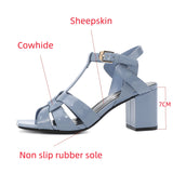 Summer Women's Sandals Genuine Leather High Heels Square Toe Open Toe Buckle Fish Mouth MartLion   