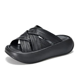 Platform slippers women wear cross-strap flip-flops summer casual 100 bypass head layer cowhide open-toe MartLion Black 36 