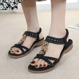 Summer Bohemian Rhinestone Round Head Beach Flat Bottom Women's Sandals MartLion   