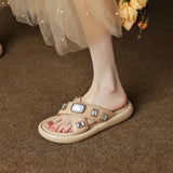 summer thick soled rhinestone open toe casual beach slippers flat slippers for women MartLion apricot 35 