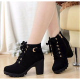 Spring Winter Women Pumps Boots Lace-up European Ladies Shoes PU High Heels MartLion black 35 