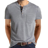 Summer Henley Collar T-Shirts Men's Short Sleeve Casual Tops Tee Solid Cotton Mart Lion Light Grey S 60-70kg 