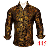 Luxury Shirts Men's Long Sleeve Silk Green Flower Slim Fit Tops Casual Button Down Collar Bloues Breathable Barry Wang MartLion   