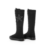 Long Canvas Shoes Pentagram Pattern Casual Rhinestone Women's Long Sleeve Thigh High Boots MartLion Black increases2.5cm 43 