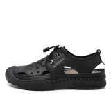 Classic Leather Men's Sandals Summer Shoes Hollow-Out Breathable Beach Hard-wearing MartLion black 6.5 