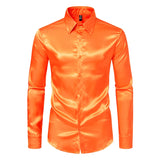 Men's Black Satin  Dress Shirts  Silk Smooth Shirt Solid Wedding Party Prom Casual Shirt  Office MartLion C30 Orange US M 