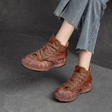 Lace Up Ankle Boots For Women Thick Soled Flat Platform Genuine Leather Flat Platform Luxury Vulcanized Shoes MartLion   