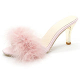 Summer Shoes Woman Feather Thin High Heels Fur Slippers Peep Toe Mules Lady Pumps Slides MartLion Pink 35 