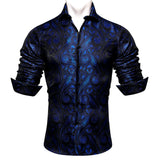 Barry Wang Men's Shirts Black Floral Silk Embroidered Long Sleeve Slim Causal Turn Down Breathable Colorfast Clothing Tops MartLion 0051 S 