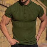 Summer Men's Sports Fitness Leisure Stretch Vertical Short Sleeve Shirt Plain Shirt Golf Wear Mart Lion Army Green S 