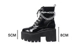 Patent Leather Gothic Black Boots Women Heel Chain Chunky Heel Platform Female Punk Ankle Zipper Goth Mart Lion   