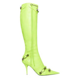 Women High Heels Boots Pointed Toe Stilettos Heels Knee Ladies Rivet Retro Pumps Cosplay Ankle Mart Lion Fluorescent green 37 