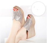 Silver Rhinestone Floral Wedding Shoes Women High Heels Summer Chunky Platform Wedges Slippers Office MartLion   