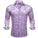 Luxury Shirts Men's Silk Satin Silk Gray Leaves Long Sleeve Blouses Casual Lapel Tops Breathable Streetwear Barry Wang MartLion 0731 S 