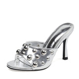 Liyke Metal Small Ball Rivet Women's Thin High Heels 9.5CM Slippers Summer Party Prom Shoes Mule Slides Sandals MartLion Silver 35 