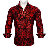 Luxury Shirts Men's Long Sleeve Silk Green Flower Slim Fit Tops Casual Button Down Collar Bloues Breathable Barry Wang MartLion 0586 S 