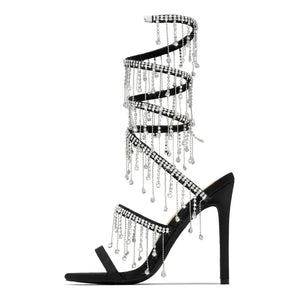 Runway style Bling Crystal Tassels Snake Coiled Women Sandals Stiletto High heels Summer Party Prom Shoes MartLion   