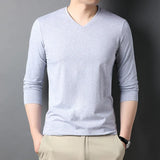 Cotton T-Shirt Men's Plain Solid Color V Neck Long Sleeve Tops Casual Clothing MartLion GRAY 4XL 