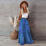 Ethnic Style Vintage Long Skirt Women Summer Loose Beach Ladies  Casual MartLion Dark Blue XL 