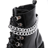 Patent Leather Gothic Black Boots Women Heel Chain Chunky Heel Platform Female Punk Ankle Zipper Goth Mart Lion   